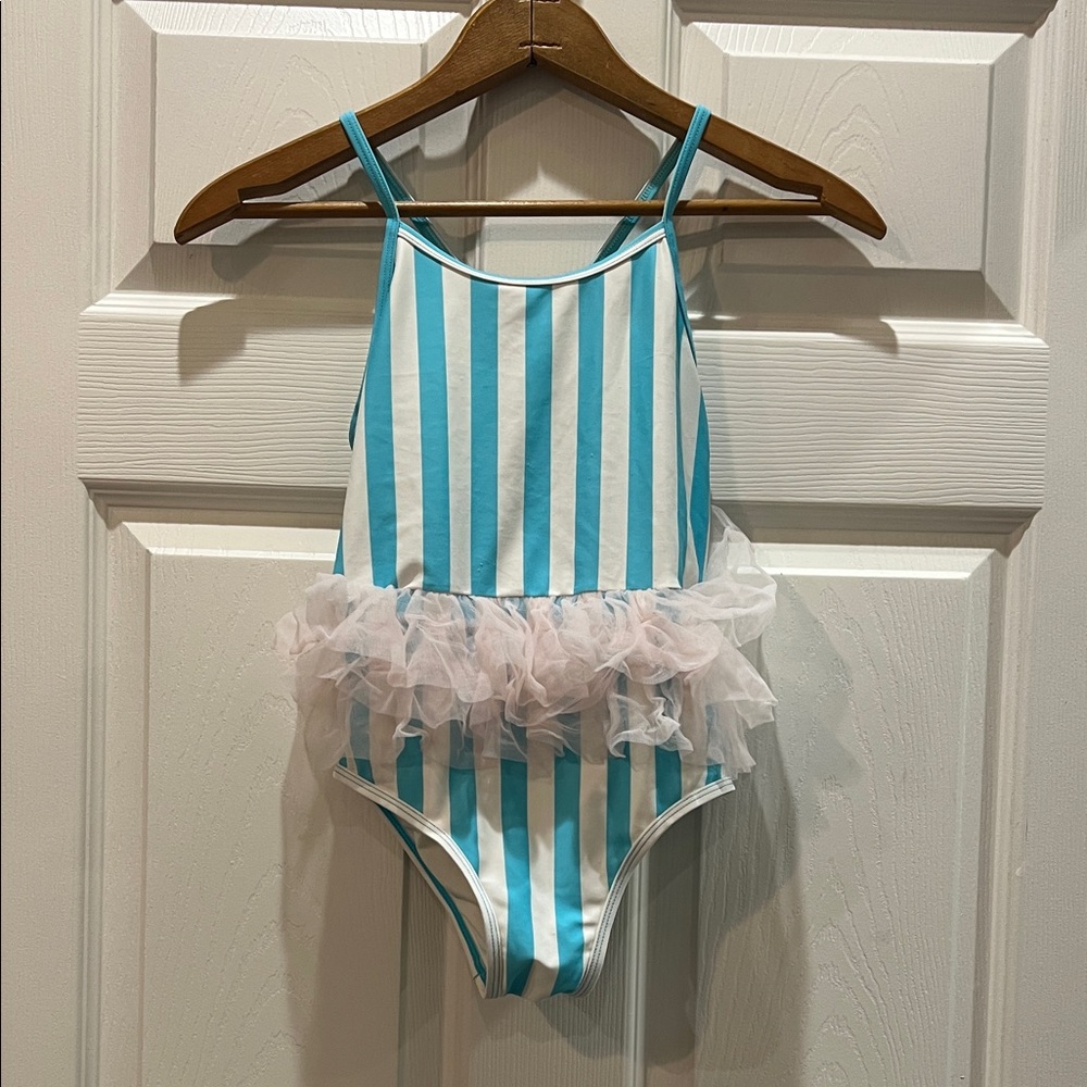 Tucker + Tate Aqua and White Striped Swimsuit with light Pink Ruffle